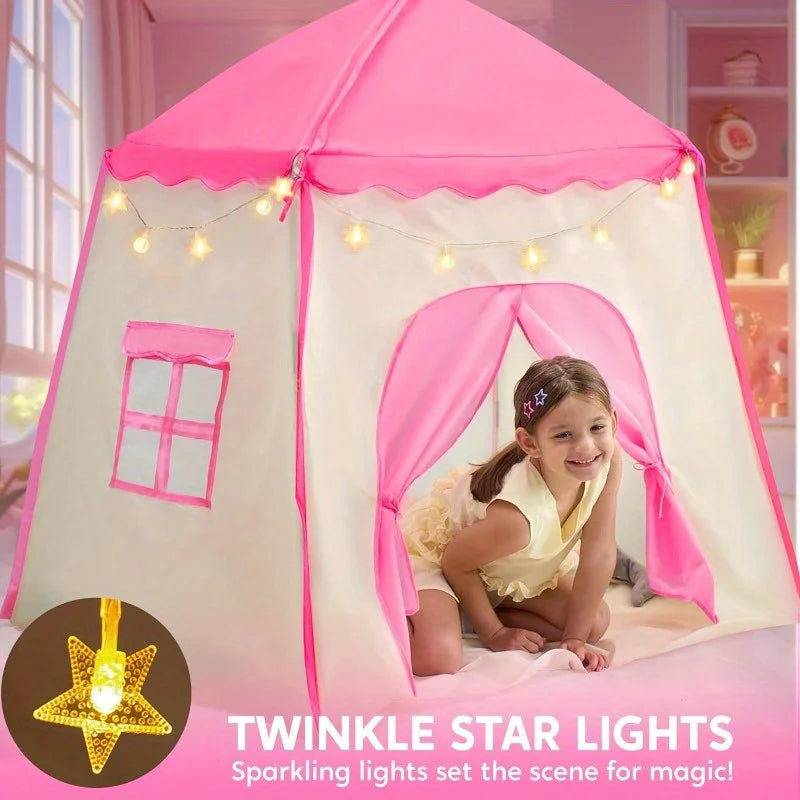 JOYFY Pink Princess Tent for Girls with LED Star Lights Large Playhouse Kids Castle Play Tent for Children Indoor Outdoor Games